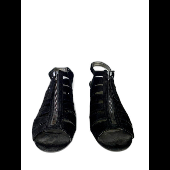 Bandolino Black Cage Micro Suede Peep Toe Heels Slingback Sandals Women's 8.5 - Picture 2 of 10